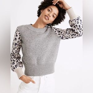 MADEWELL Leopard-Sleeve Tensley Pullover Cotton & Merino Sweater Women’s Large